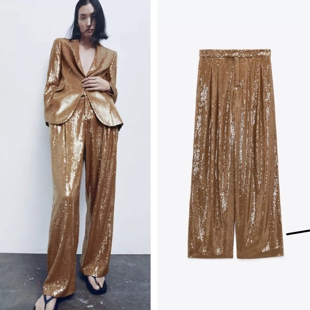 Zara Gold Metallic Wide-Leg Pants